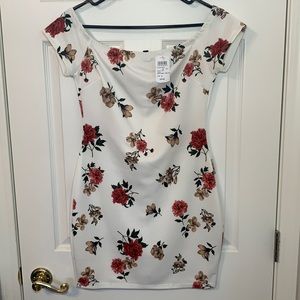 White off-the-shoulder floral mini dress.  Never worn, tags attached!